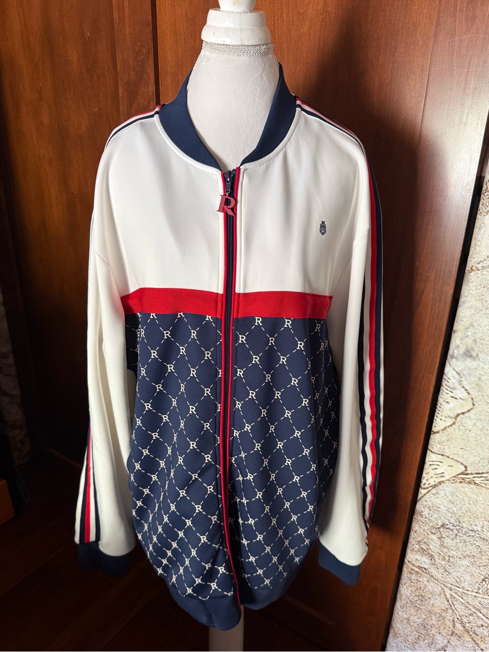 ⚜️ REASON BRAND MENS MONOGRAM TRACK JACKET RED WHITE NAVY XXL LIKE NEW ⚜️